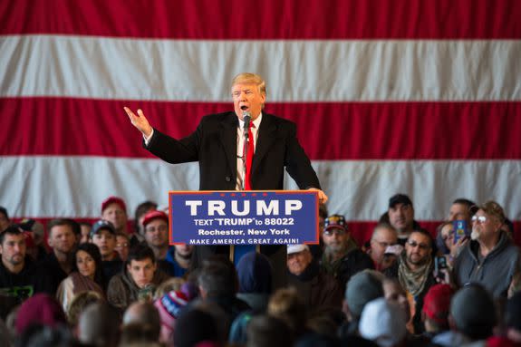 Then presidential-candidate Donald Trump speaks at a rally in Rochester, New York.