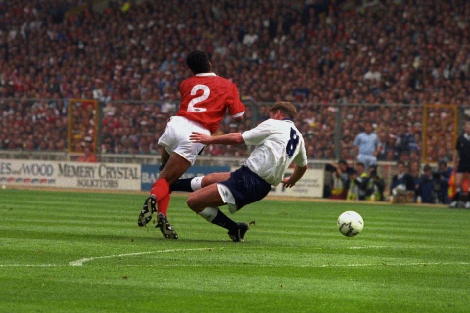 Game changer: Gazza's tackle on Gary Charles in the 1991 FA Cup Final almost ended his career