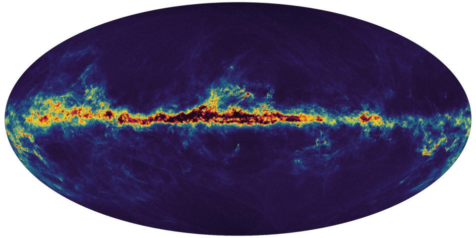 This map shows the interstellar dust that fills the Milky Way. The dark regions in the centre of the Galactic plane in black are the regions with a lot of interstellar dust fading to the yellow as the amount of dust decreases.The dark blue regions above and below the Galactic plane are regions where there is little dust. (ESA Handout via AP)