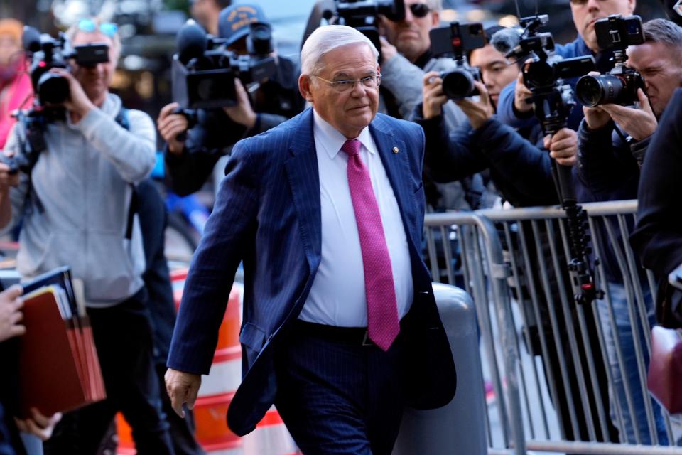 Senator Bob Menendez is shown as he walks towards federal court in the Southern District of New York, in lower Manhattan, Monday, October 23, 3023.