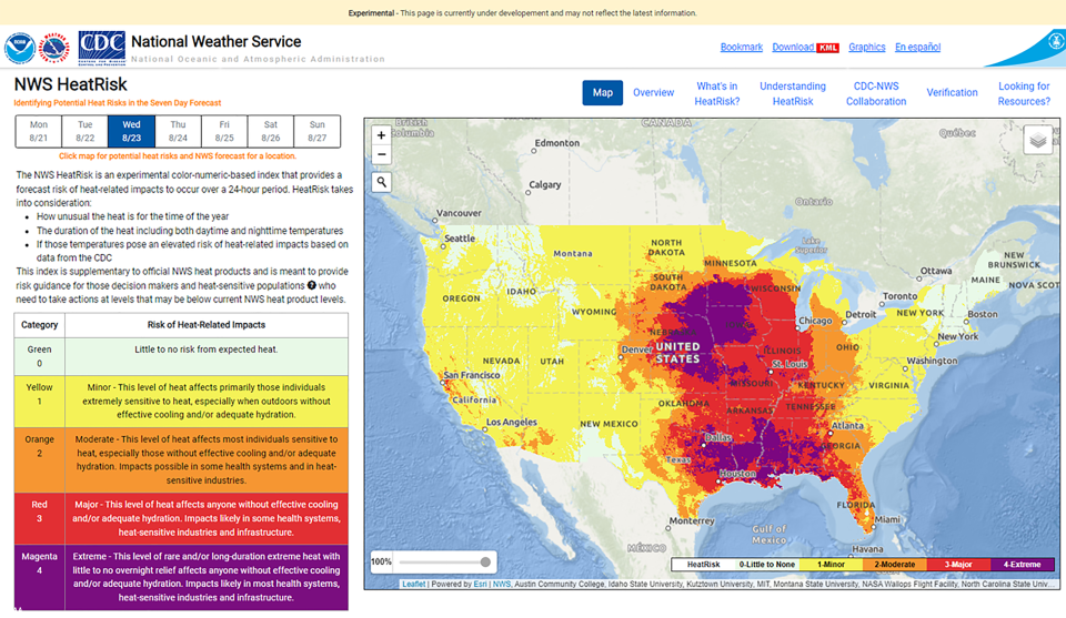 The NWS’s HeatRisk Forecast identifies potentially dangerous heat across the contiguous United States.<span class="copyright">NOAA</span>
