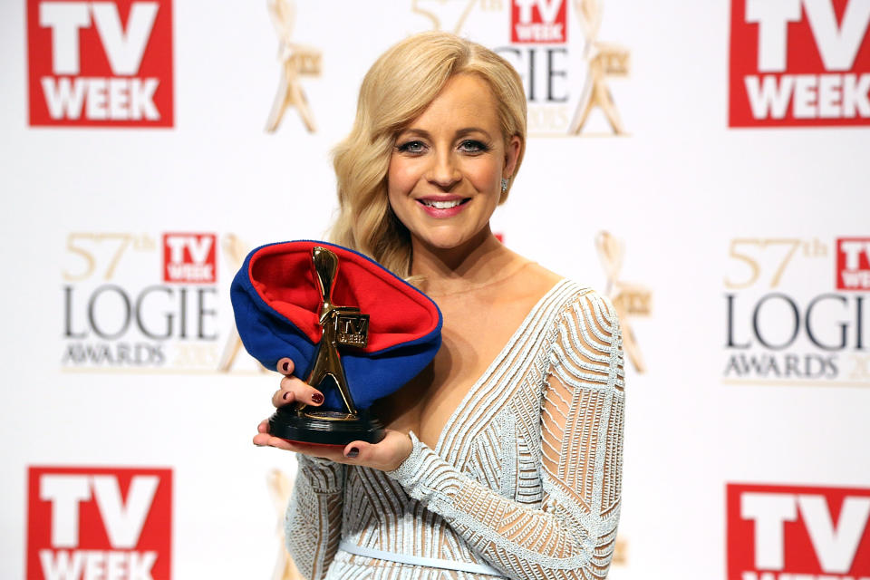 Carrie Bickmore poses in the awards room after winning the Gold Logie for Most Popular Personality On TV at the 57th Annual Logie Awards at Crown Palladium on May 3, 2015 in Melbourne, Australia