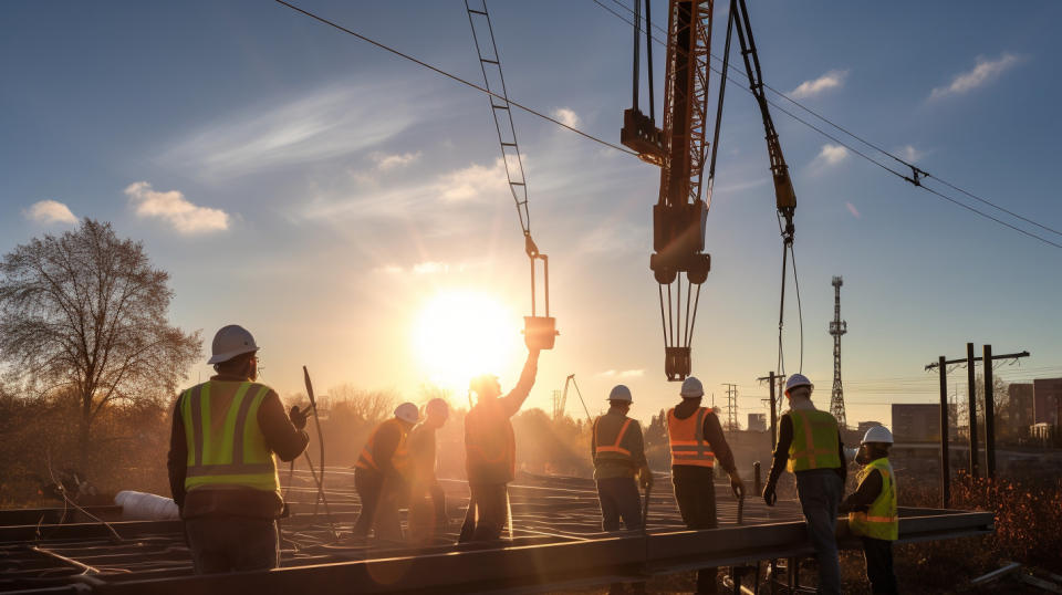 A construction crew using a crane to install a new electric substation.