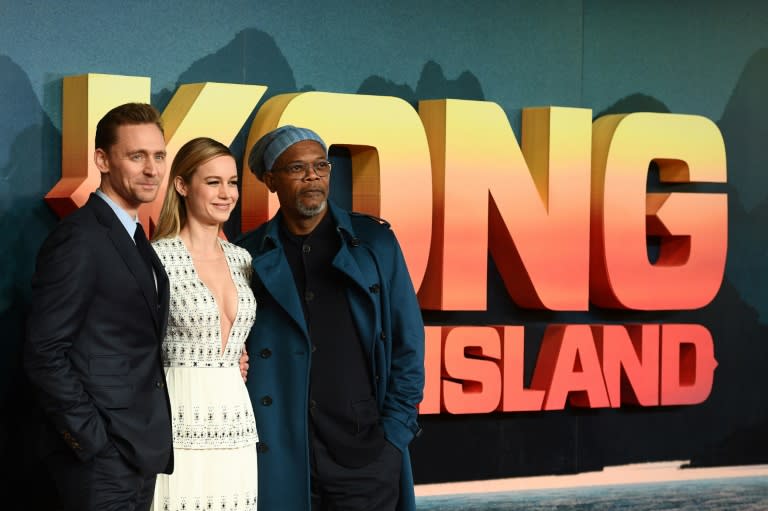 (From L) Actors Tom Hiddleston, Brie Larson and Samuel L. Jackson pose upon arrival at the European premiere of 'Kong: Skull Island', in London, on February 28, 2017