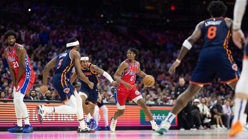 Apr 28, 2024; Philadelphia, Pennsylvania, USA; Philadelphia 76ers guard Tyrese Maxey (0) controls the ball against the New York Knicks during the first half of game four of the first round in the 2024 NBA playoffs at Wells Fargo Center. Mandatory Credit: Bill Streicher-USA TODAY Sports