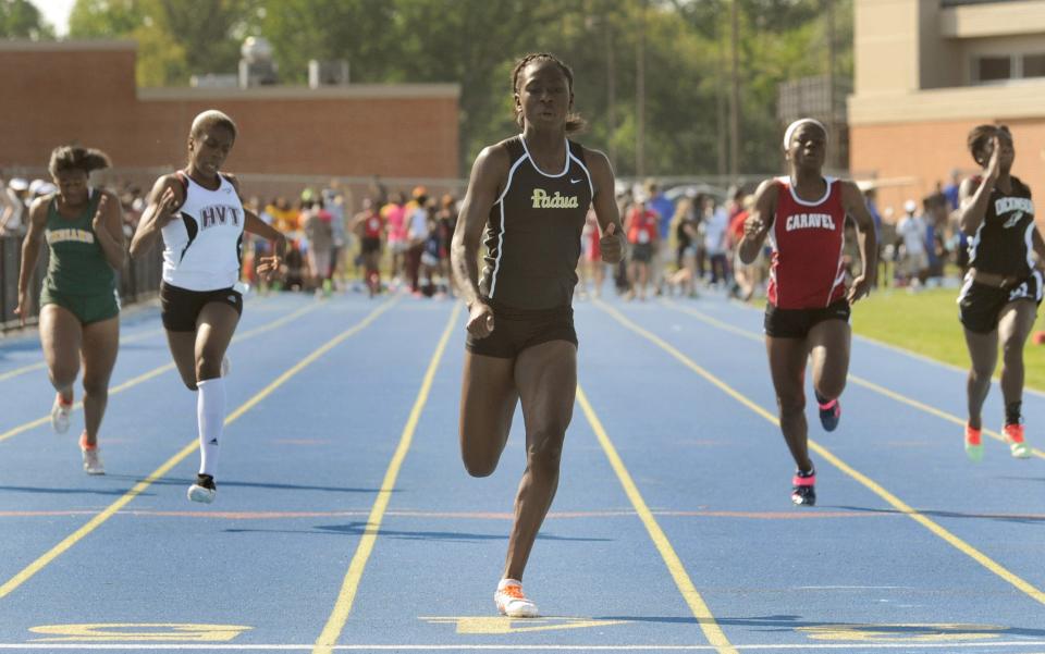 Maiya Dendy, as a sophomore, winning the second heat of the girls Division 2 100 meter dash at the state meet in 2013.