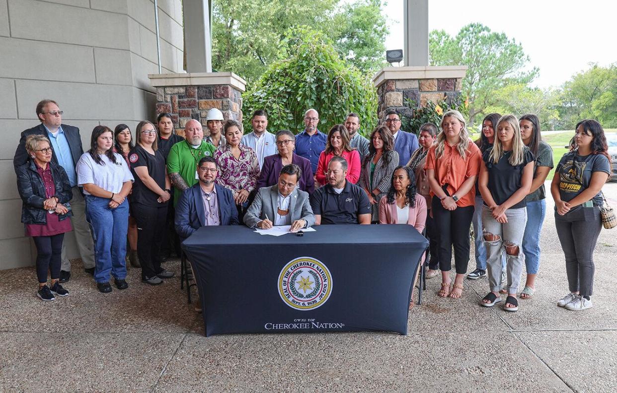 Cherokee Nation Principal Chief Chuck Hoskin Jr. on Thursday signed an affirmative action executive order aimed at increasing the rate at which the tribe hires Cherokee citizens who are participating in Cherokee Nation career and educational programs. (Photo/Cherokee Nation)