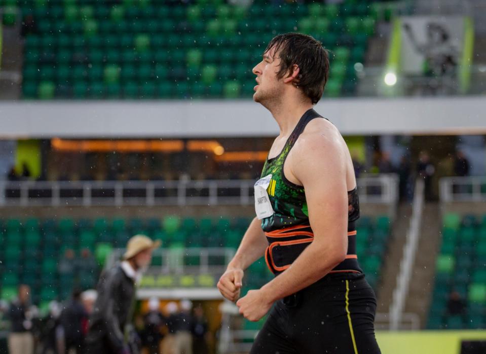 Oregon's Ty Hampton celebrates his throw during the men's javelin at the Pac-12 Track & Field Championships at Hayward Field Friday, May 13, 2022.