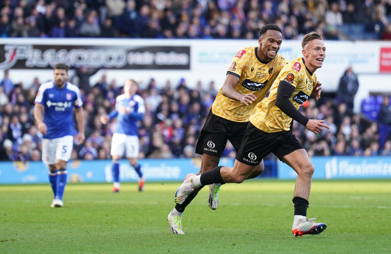 Maidstone United's Sam Corne (right) celebrates scoring their side's second goal of the game during the Emirates FA Cup fourth round match at Portman Road, Ipswich. Picture date: Saturday January 27, 2024. (Photo by Joe Giddens/PA Images via Getty Images)