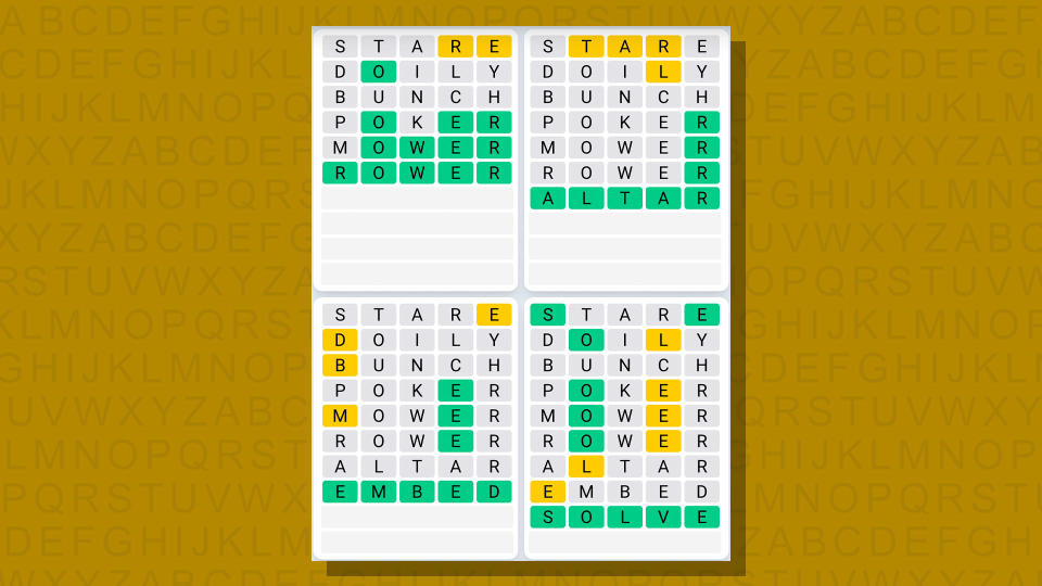 Quordle daily sequence answers for game 698 on a yellow background