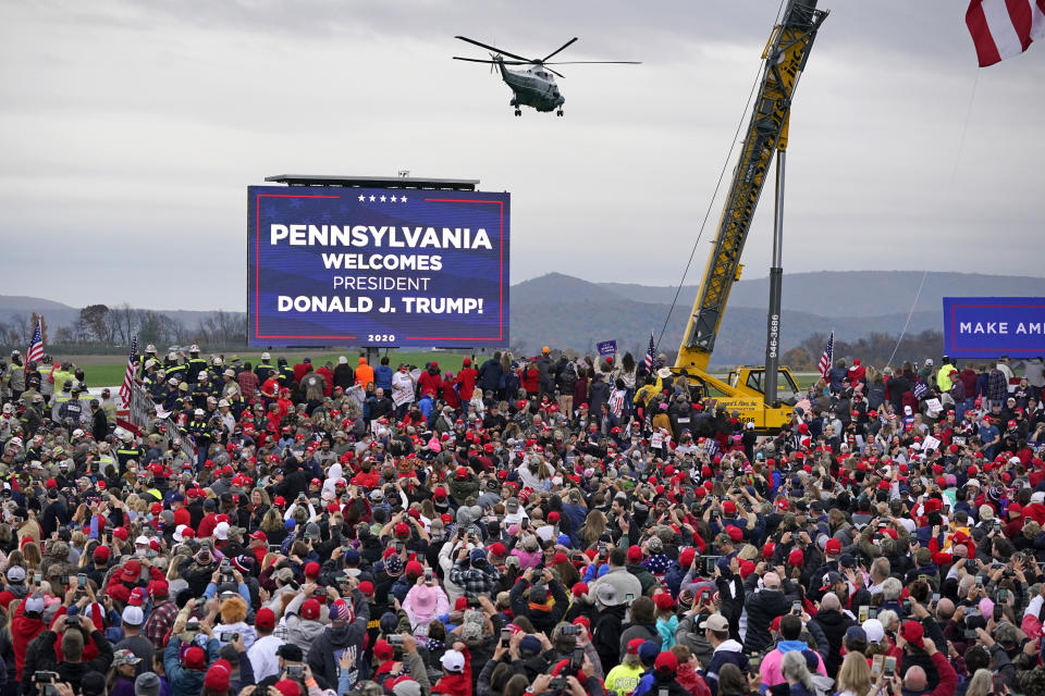 Marine One helictopter, with President Donald Trump aboard, lands at the Altoona-Blair County Airport in Martinsburg, Pa, Monday, Oct. 26, 2020 for a campaign rally. (AP Photo/Gene J. Puskar)