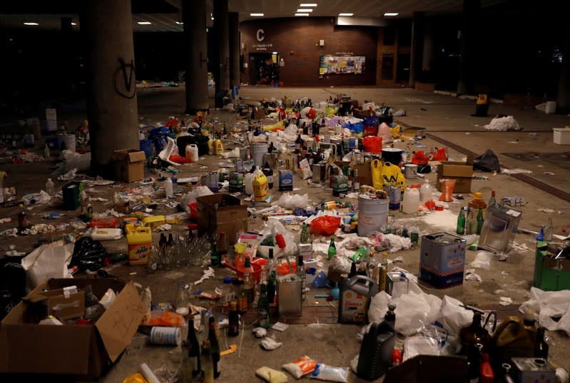 A view of the area where protesters crafted molotov cocktails inside Hong Kong Polytechnic University (PolyU) campus, in Hong Kong