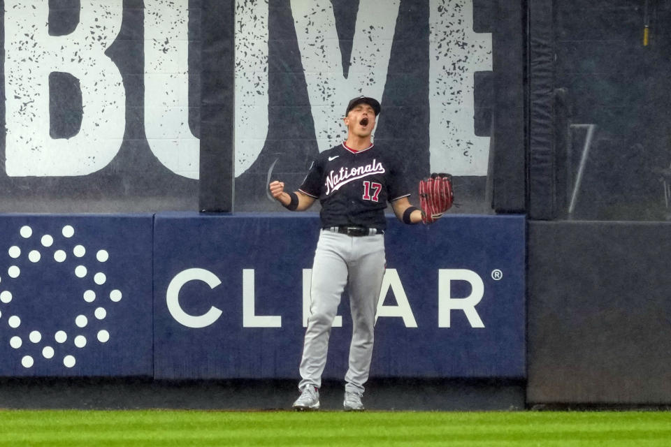 Washington Nationals center fielder Alex Call reacts after catching a fly ball by New York Yankees' Harrison Bader to end a baseball game in the ninth inning Thursday, Aug. 24, 2023, in New York. The Nationals won 6-5. (AP Photo/Mary Altaffer)