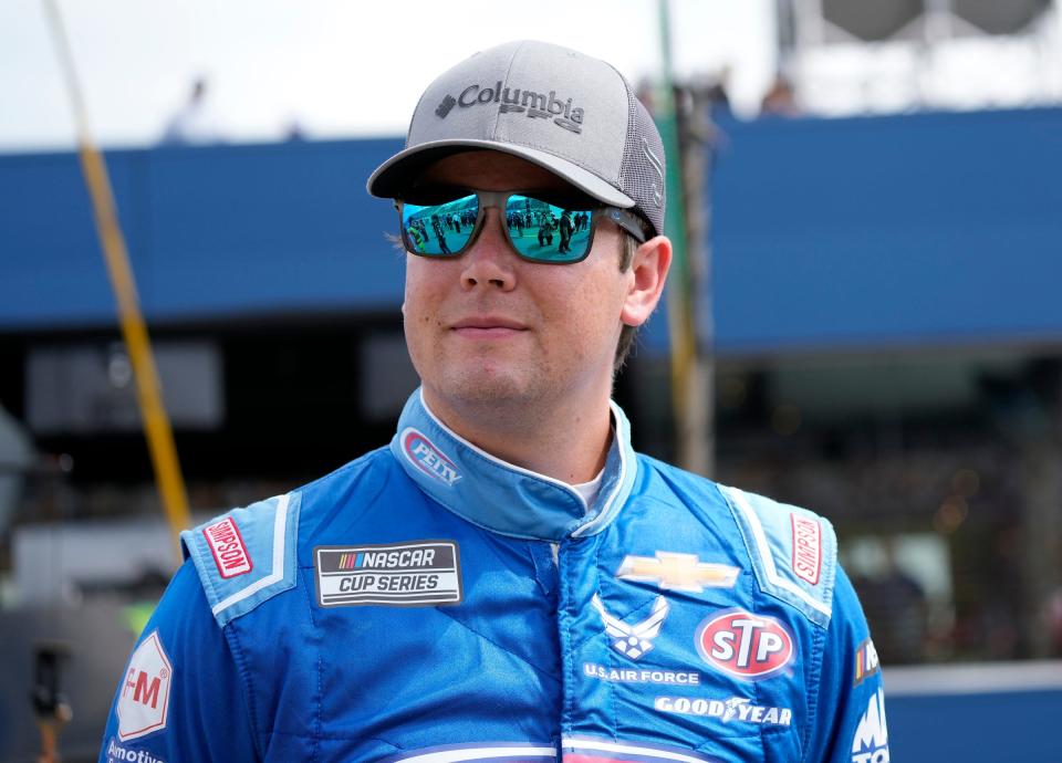 Aug 22, 2021; Brooklyn, Michigan, USA; NASCAR Cup Series driver Erik Jones (43) before the FireKeepers Casino 400 at Michigan International Speedway. Mandatory Credit: Mike Dinovo-USA TODAY Sports