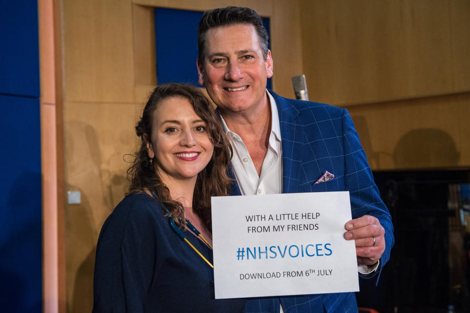 LONDON, ENGLAND - JUNE 14: Dr. Katie Rogerson, choir leader and Tony Hadley during the recordings of NHS Voices charity single 'With A Little Help Of My Friends' at Abbey Road Studios, June 14, 2018 in London, England. (Photo by Brian Rasic/WireImage)