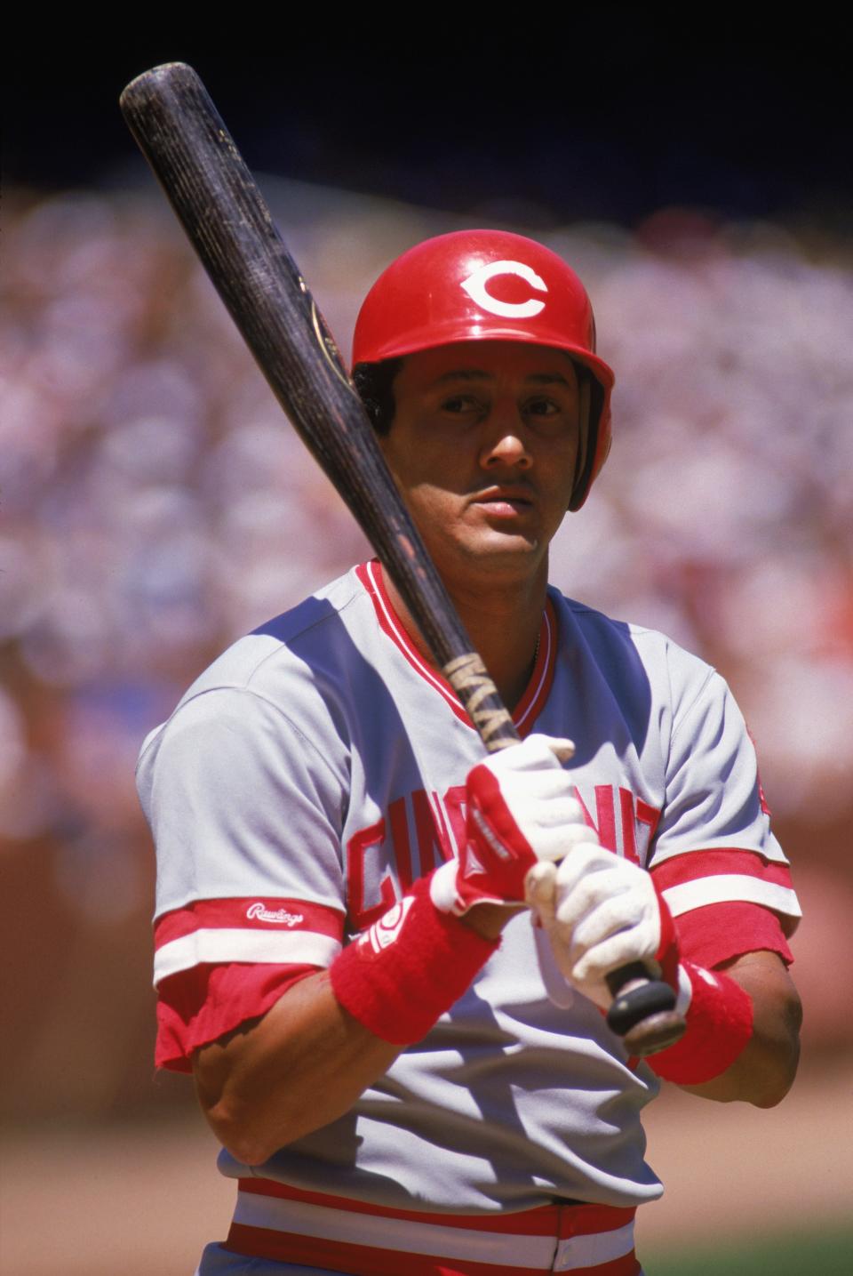 1987:  Dave Concepcion of the Cincinnati Reds grips his  bat during a MLB game in the 1987 season. ( Photo by: Otto Greule Jr/Getty Images)