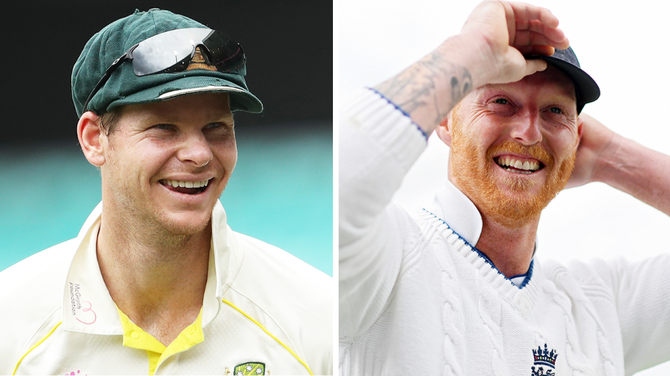 Steve Smith (pictured left) laughs and (pictured right) Ben Stokes enjoys his team's cricket series win over India.