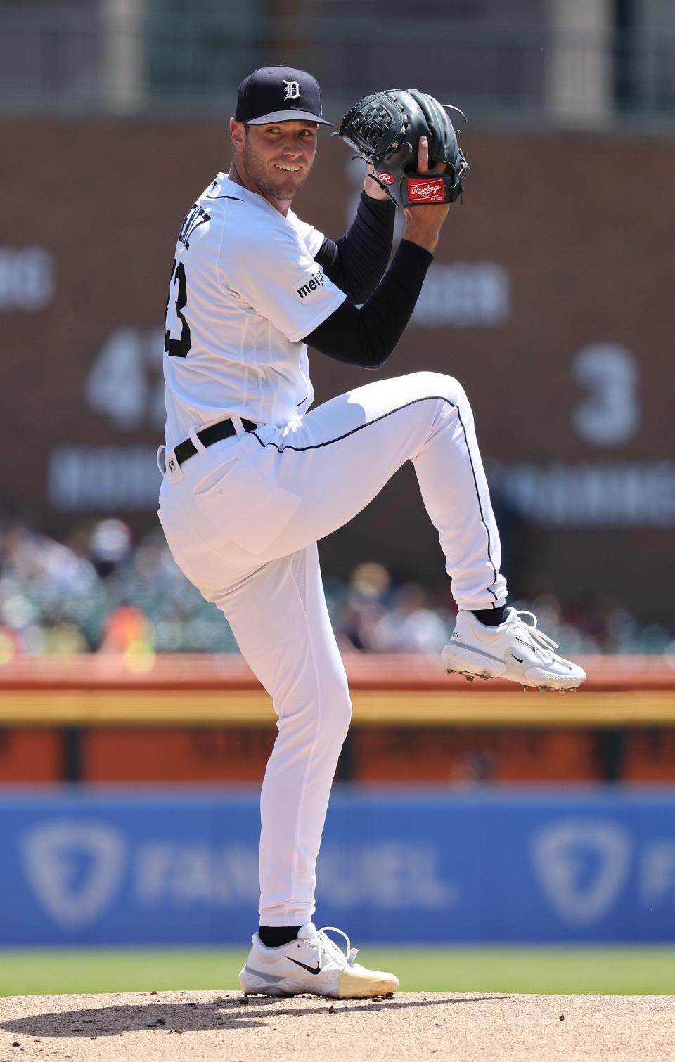 Joey Wentz of the Detroit Tigers throws a first-inning pitch while playing the Texas Rangers at Comerica Park on May 31, 2023 in Detroit, Michigan.