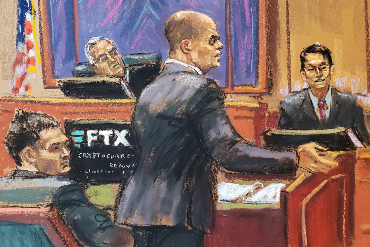 A courtroom sketch shows witness Gary Wang being interrogated as Judge Lewis B. Kaplan and Sam Bankman-Fried look on, on the fourth day of United States v. Samuel Bankman-Fried.