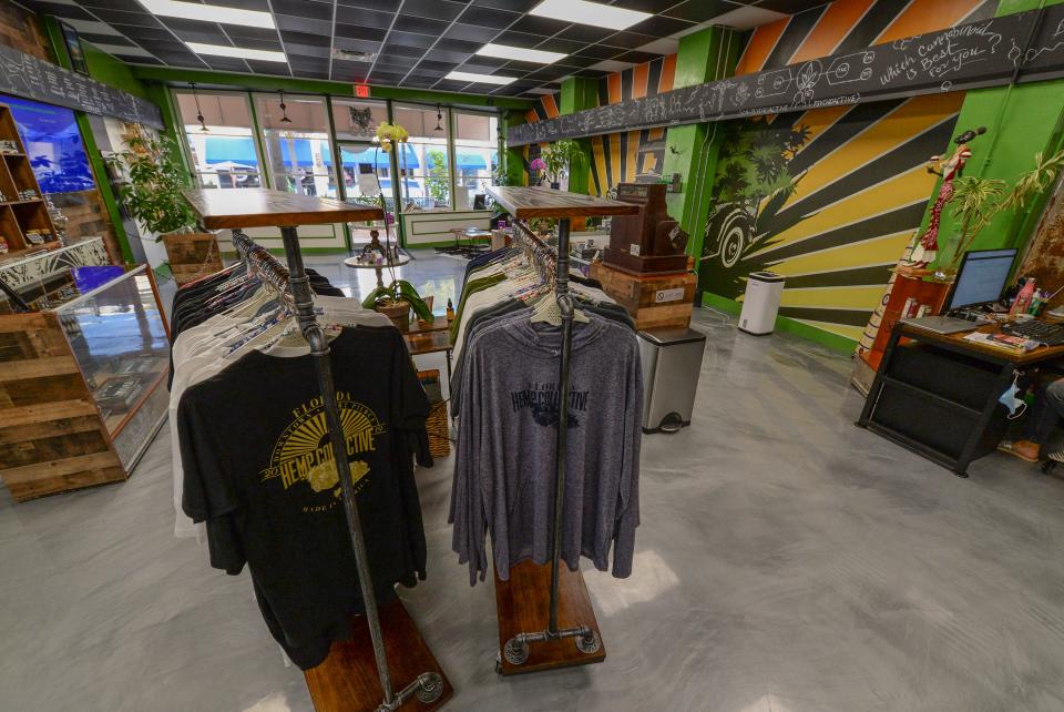 The Florida Hemp Collective store in Fort Pierce features a variety of hemp products including CBD oil, salves, smokable and inhalable hemp products, shirts and Nike running shoes made with hemp.