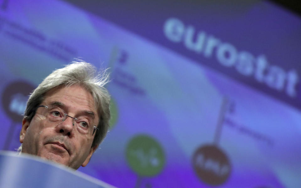 European Commissioner for the Economy Paolo Gentiloni speaks during a media conference on the 2020 Eurostat report, progress toward sustainable development goals in the EU, at EU headquarters in Brussels, Monday, June 22, 2020. (Yves Herman, Pool Photo via AP)