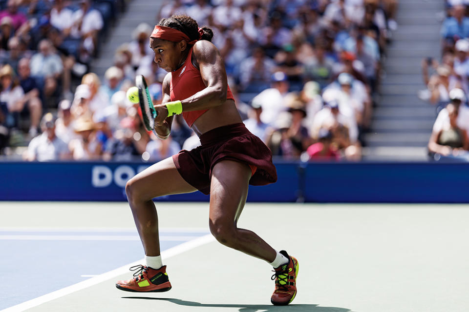 NEW YORK, NEW YORK - SEPTEMBER 05: Coco Gauff of the United States hits a backhand against Jelena Ostapenko of Latvia in the quarter-finals of the US Open at the USTA Billie Jean King National Tennis Center on September 05, 2023 in New York City. (Photo by Frey/TPN/Getty Images)