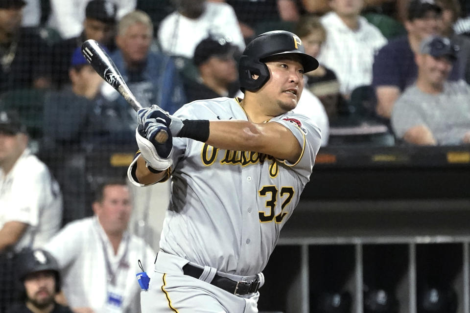 Pittsburgh Pirates' Yoshi Tsutsugo watches his double off Chicago White Sox starting pitcher Carlos Rodon during the second inning of a baseball game Wednesday, Sept. 1, 2021, in Chicago. (AP Photo/Charles Rex Arbogast)