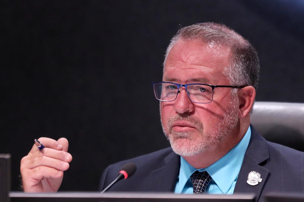 Desert Hot Springs Mayor Scott Matas speaks during a council meeting in Desert Hot Springs , Calif., on September 5, 2023.