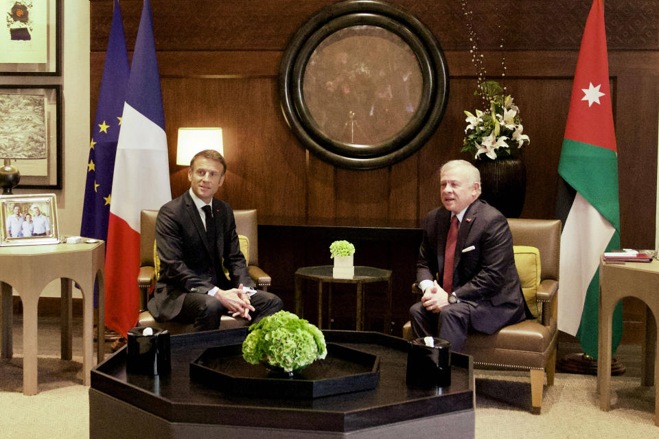 French President Emmanuel Macron, left, meets with Jordan King Abdullah II, Wednesday, Oct.25, 2023. Emmanuel Macron met Tuesday with Israeli Prime Minister Benjamin Netanyahu. (Nicolas Messyasz, Pool via AP)