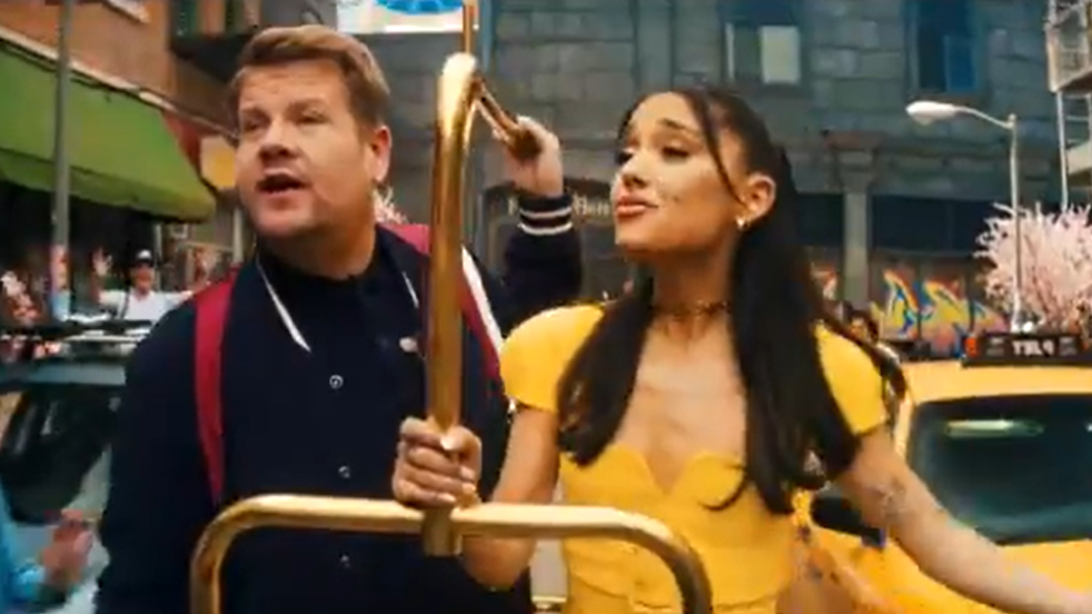 Screengrab of James Corden and Ariana Grande in 'The Late Late Show' skit. (CBS)