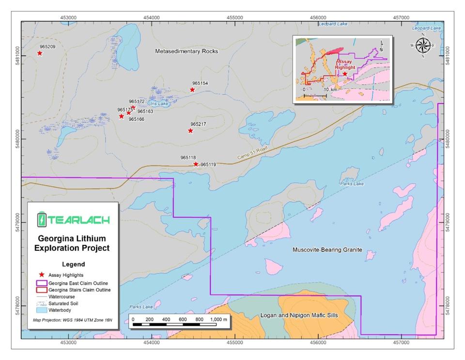 Rare-element anomalous samples from Table 1, Iris Lake, and Parks Lake exploration targets.