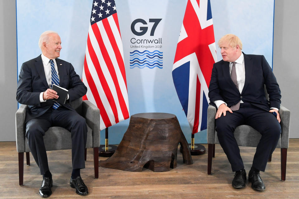 US President Joe Biden (left) talks with Prime Minister Boris Johnson, during their meeting , ahead of the G7 summit in Cornwall. Picture date: Thursday June 10, 2021.