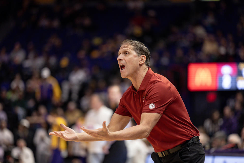 Feb 3, 2024; Baton Rouge, Louisiana, USA; Arkansas Razorbacks head coach Eric Musselman reacts to a play against the LSU Tigers during the first half at Pete Maravich Assembly Center. Mandatory Credit: Stephen Lew-USA TODAY Sports