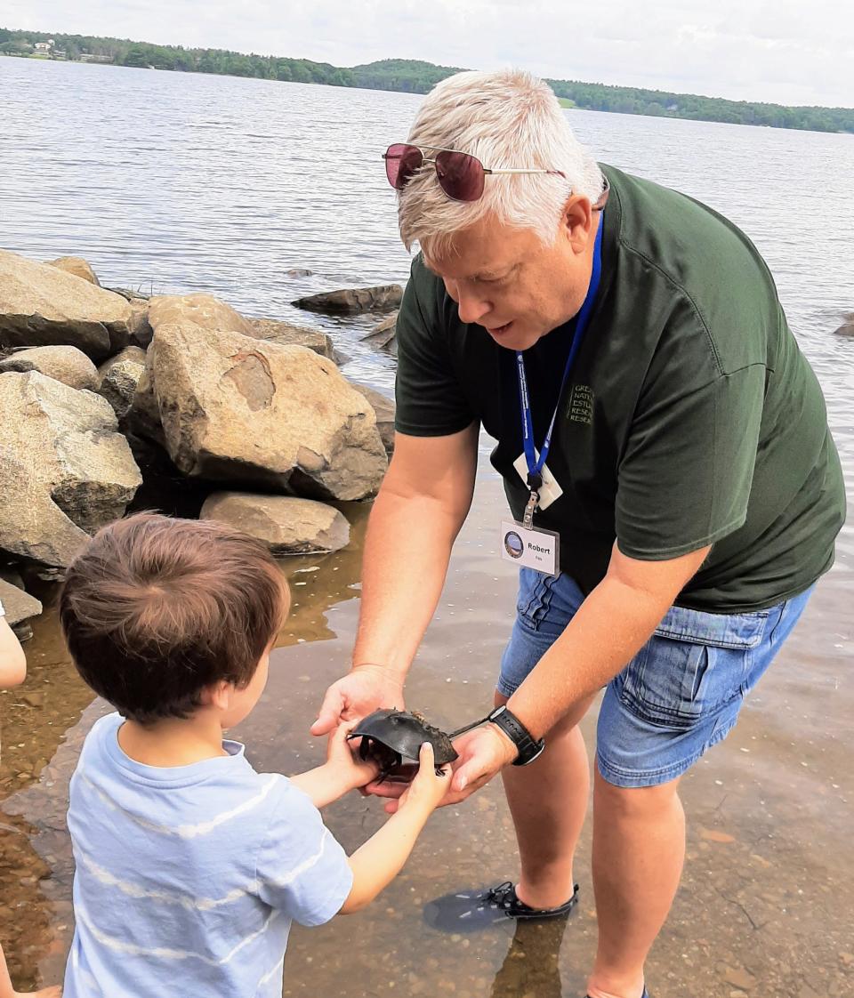 Volunteer Bob Fox teaches the public about horseshoe crabs in Great Bay