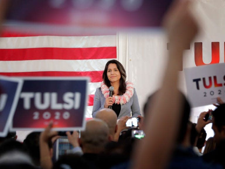 Tulsi Gabbard on stage for a town hall in Fremont, CA, during her 2020 presidential run