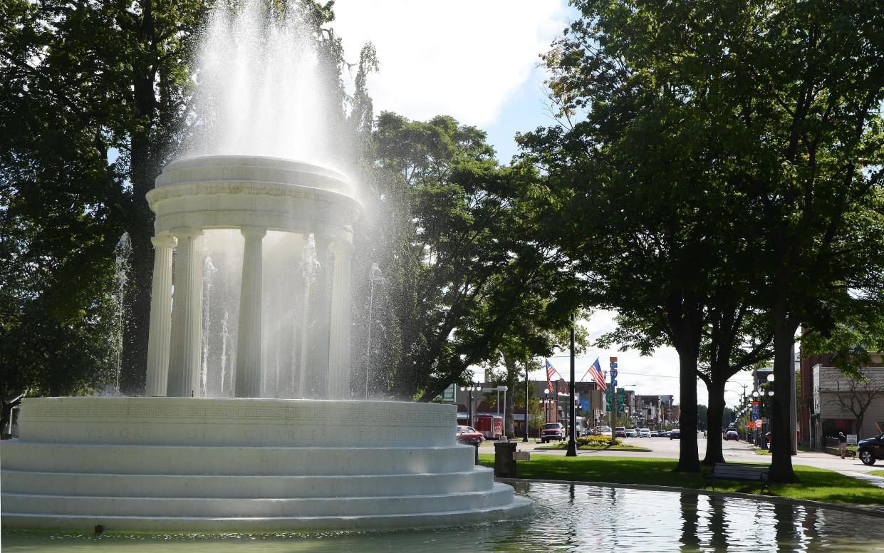 The Brooks Memorial Fountain and Michigan Avenue in downtown Marshall