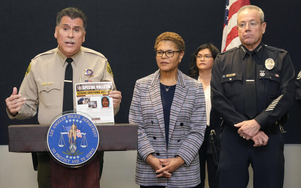 Los Angeles County Sheriff Robert Luna, left, Mayor Karen Bass, and Los Angeles Police Department Chief Michel Moore announce the arrest of a suspect in three recent killings of homeless men, on Saturday, Dec. 2, 2023, in Los Angeles. (AP Photo/Damian Dovarganes)