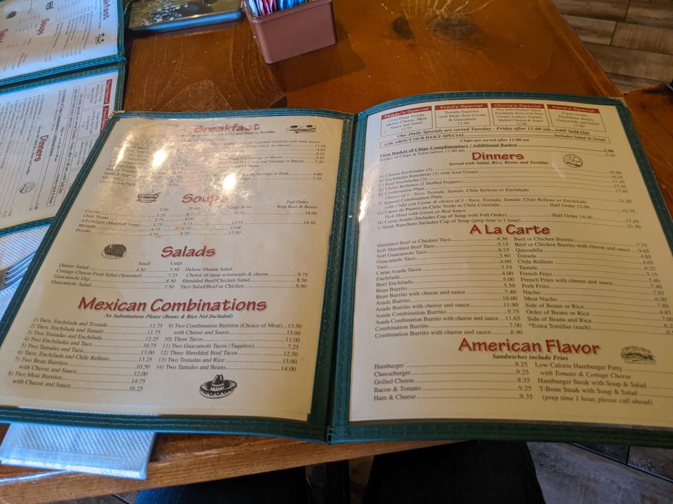 A photo of the menu at Mitla Cafe, the 85-year-old restaurant that inspired the creation of Taco Bell.