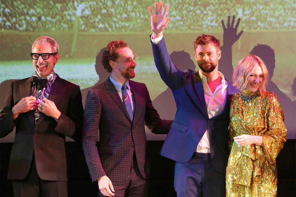 Actors Jeff Goldblum, Tom Hiddleston, Chris Hemsworth and Cate Blanchett at The World Premiere of Marvel Studios' "Thor: Ragnarok" at the El Capitan Theatre on October 10, 2017 in Hollywood, California.