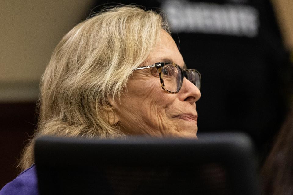 Donna Adelson reacts to statements made about her treatment at the Leon County Jail by LSCO Chief Norman Mack during a motion hearing on Monday, Dec. 11, 2023.