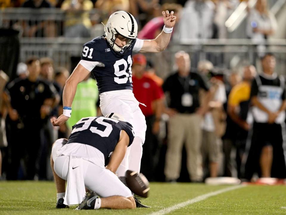 Penn State kicker Alex Felkins kicks for an extra point during the game against West Virginia on Saturday, Sept. 2, 2023.