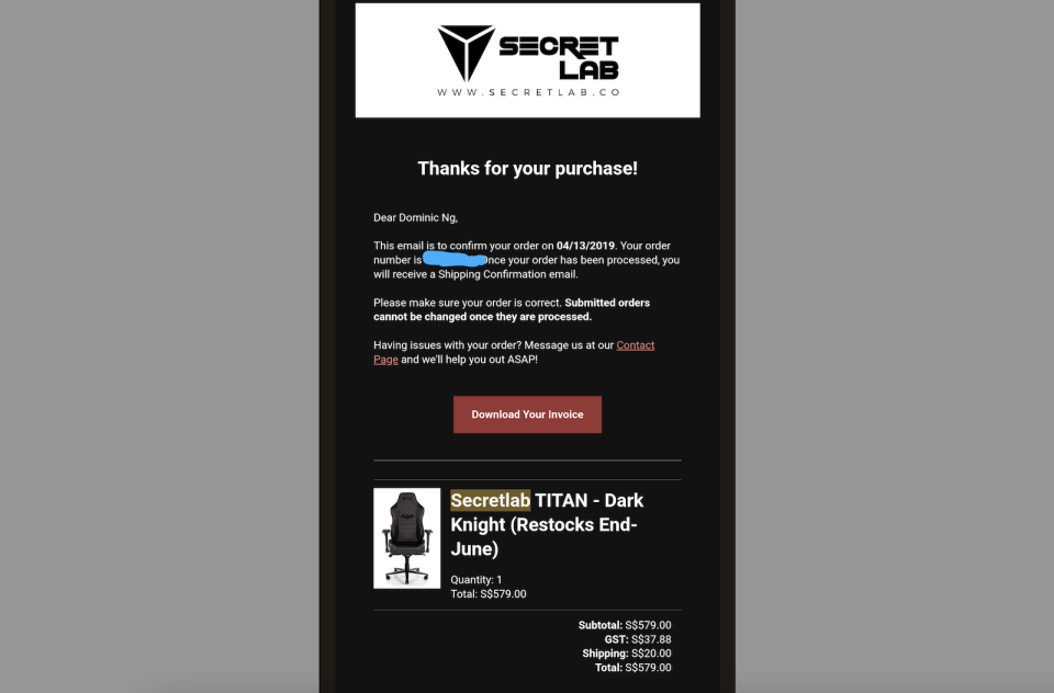 A picture of a receipt for a Secretlab chair.