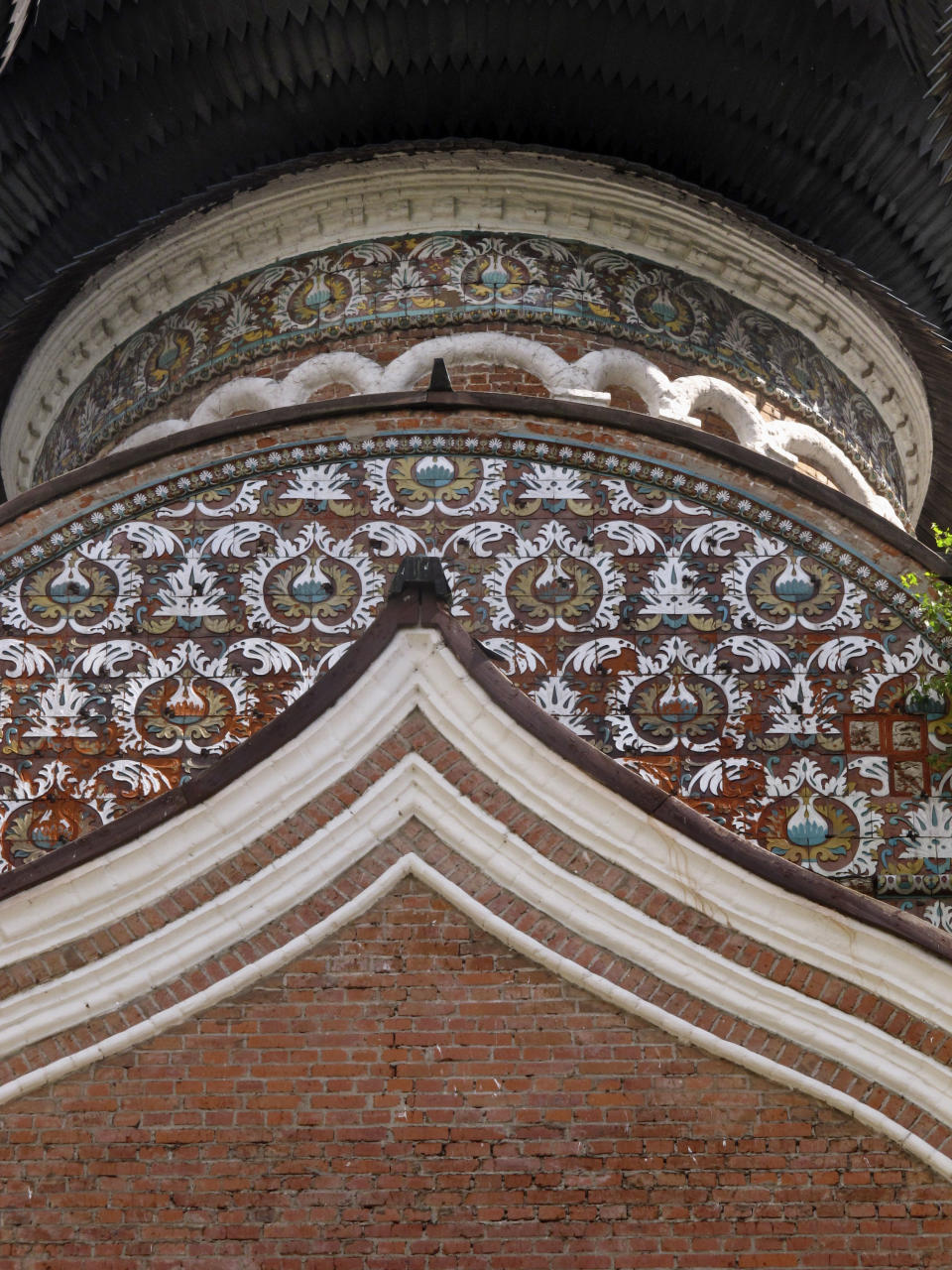 This June 4, 2012 photo shows the elaborate "peacock-eye" ceramic decoration on the exterior of the Intercession Church at the onetime Izmailove royal estate in northern Moscow. The estate, although little-visited by tourists, provides a free taste of Czarist life.(AP Photo/Jin heintz)