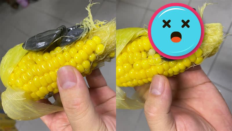 有網友吃玉米時，發現上頭竟長了一團黑色如肉瘤般的異物。（圖／翻攝自花蓮同鄉會）
