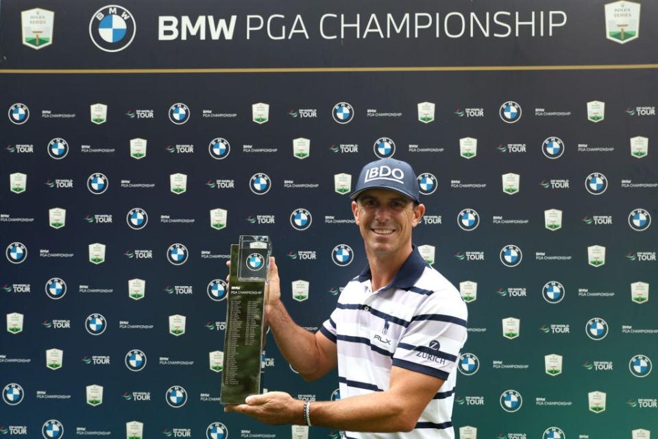 VIRGINIA WATER, ENGLAND - SEPTEMBER 22: Billy Horschel of the United States poses for a photo with the trophy during day four of the BMW PGA Championship 2024 at Wentworth Club on September 22, 2024 in Virginia Water, England. (Photo by Luke Walker/Getty Images)