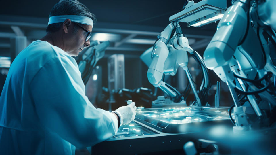 A medical technician using surgical robotics to perform minimally-invasive urologic surgery in an operating room.