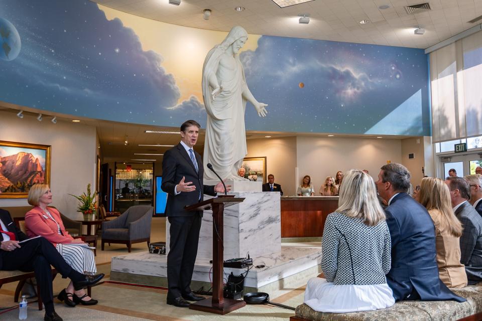 Elder Matthew S. Holland, a General Authority Seventy of The Church of Jesus Christ of Latter-day Saints, speaks to members of the media about the significance of the church’s newly renovated St. George Utah Temple on Wednesday, Sept. 6, 2023, in St. George, Utah. | Nick Adams, for the Deseret News