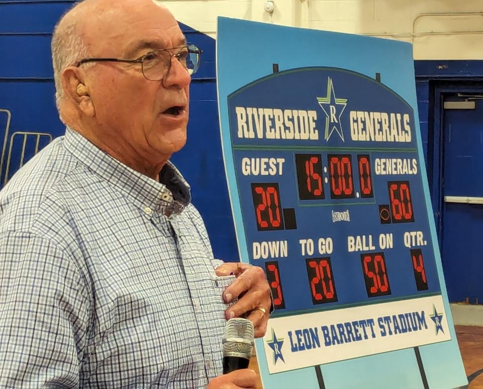 Former Lee High School athletic director and coach Leon Barrett speaks at Saturday's dedication ceremony for Riverside's renamed Leon Barrett Stadium.