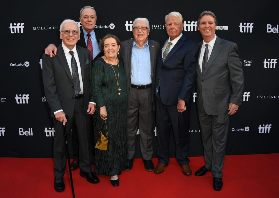 John "Chickie" Donohue (center, with sister Christine) at the Toronto Film Festival premiere of "The Greatest Beer Run Ever" with the men he delivered suds to in Vietnam: Kevin McLoone, Rick Duggan, Bobby Pappas and Tom Collins.