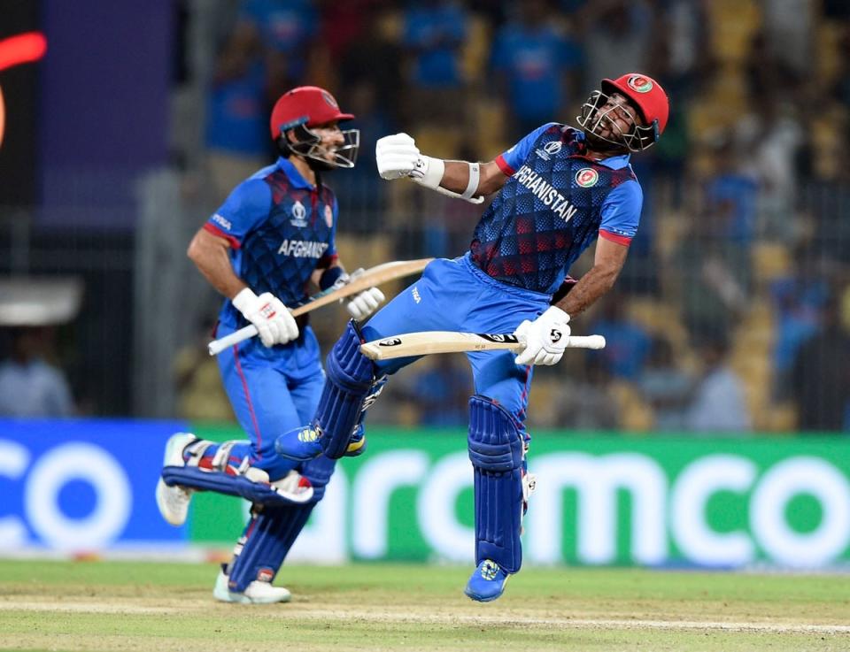 Afghanistan's Rahmat Shah and Hashmatullah Shahidi celebrate after winning the match by 8 wickets (REUTERS)